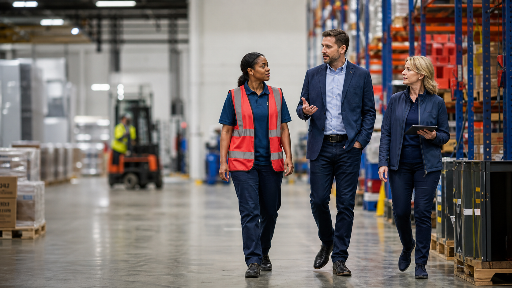 Business leader coaching a diverse team on a warehouse floor