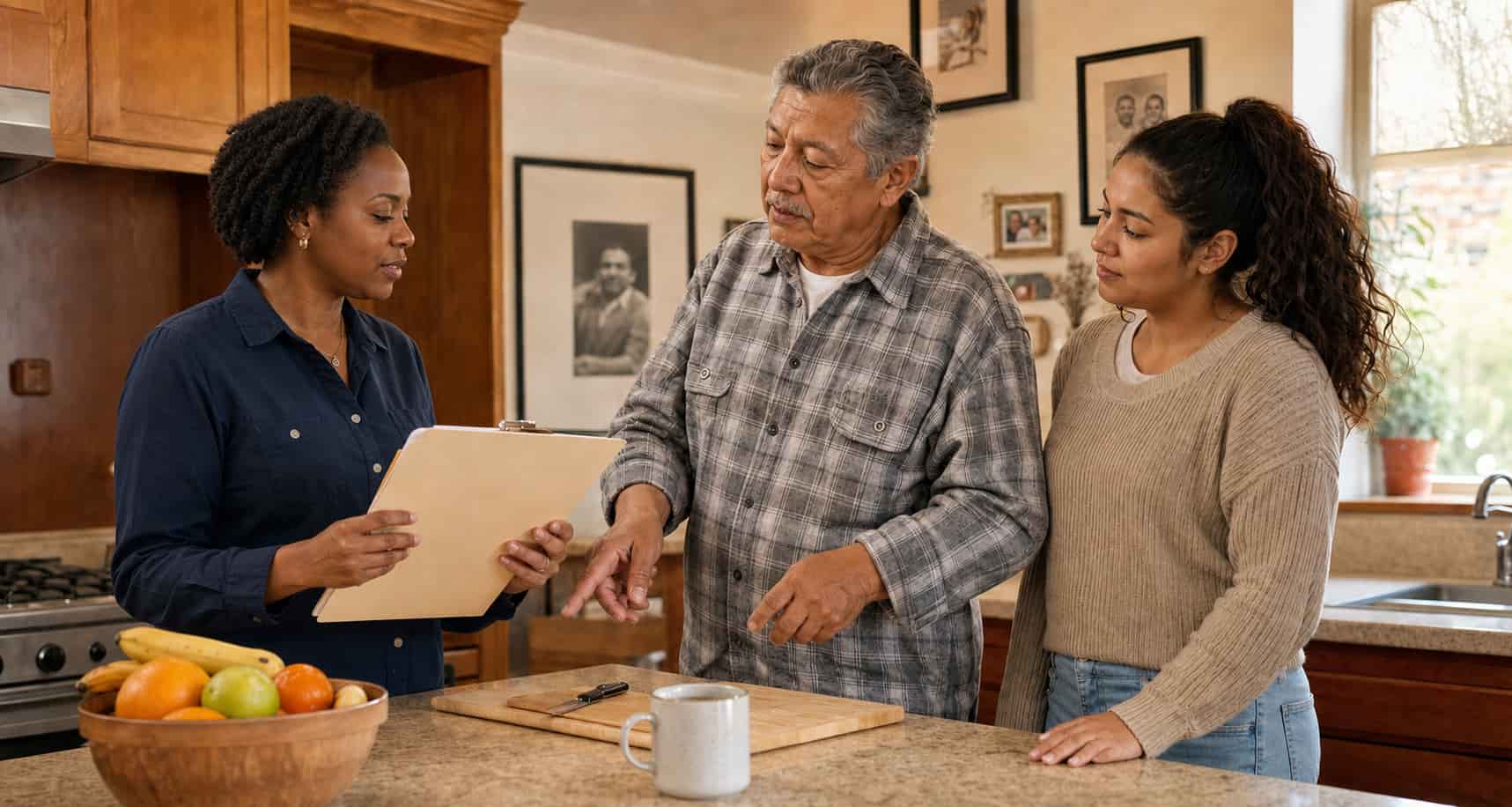 Caregiver discussing home care expenses with an older adult and family member