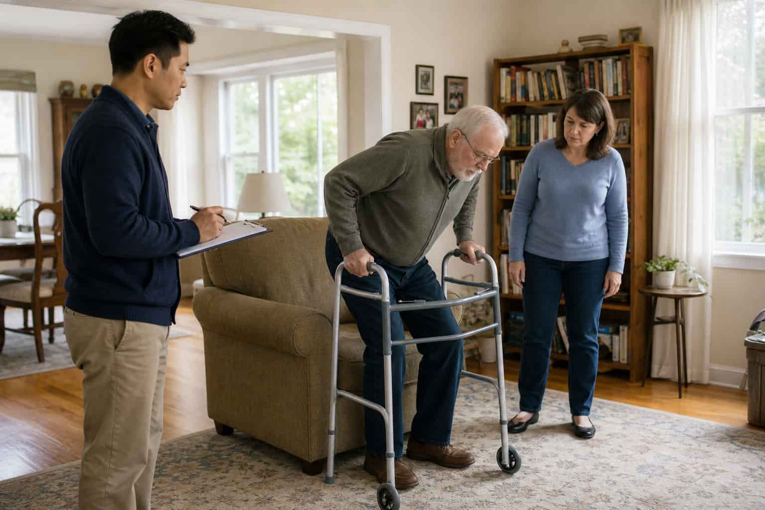 Older adult using a walker with caregivers providing assistance at home