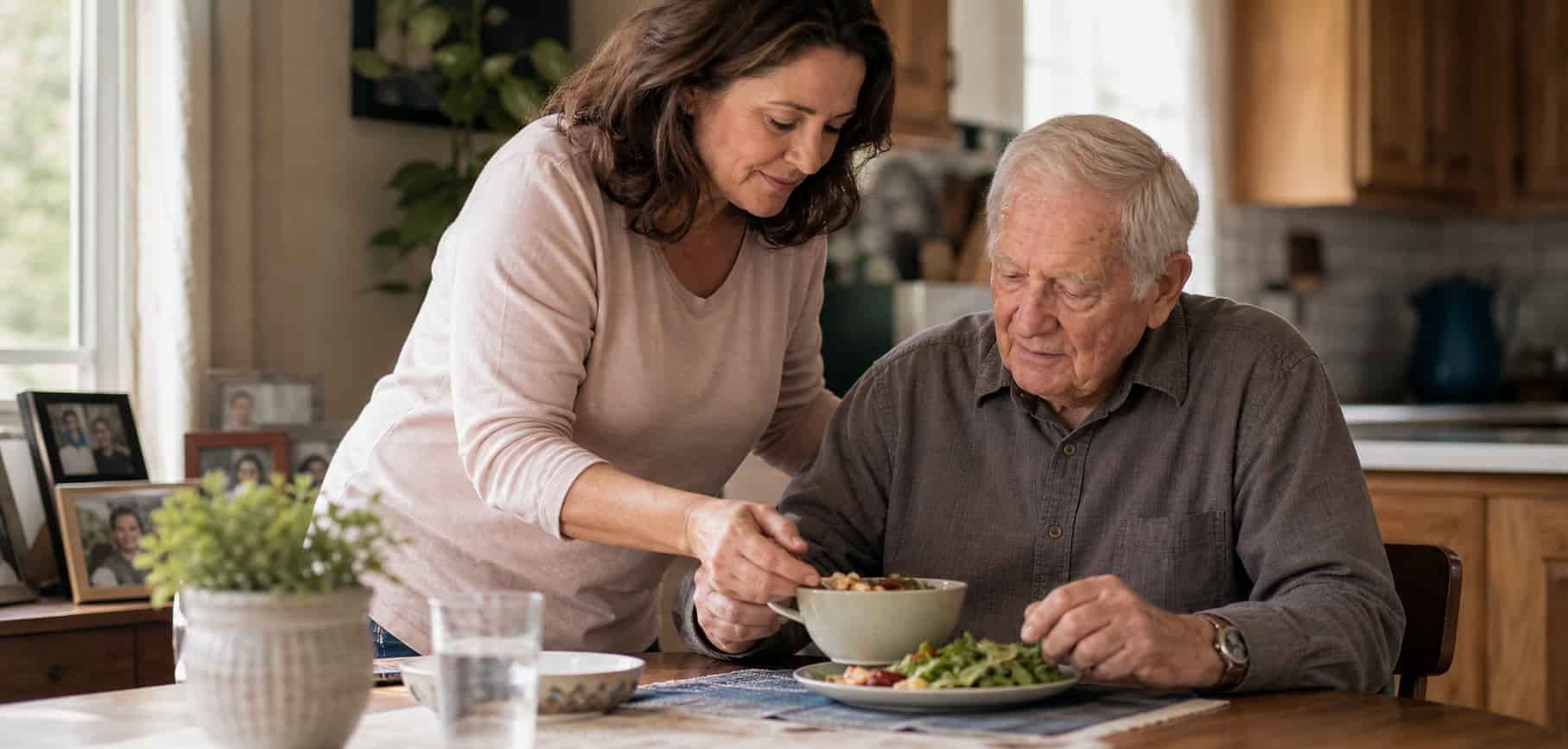 Family caregiver helping an older adult with a meal at home Family caregiver helping an older adult with a meal at home