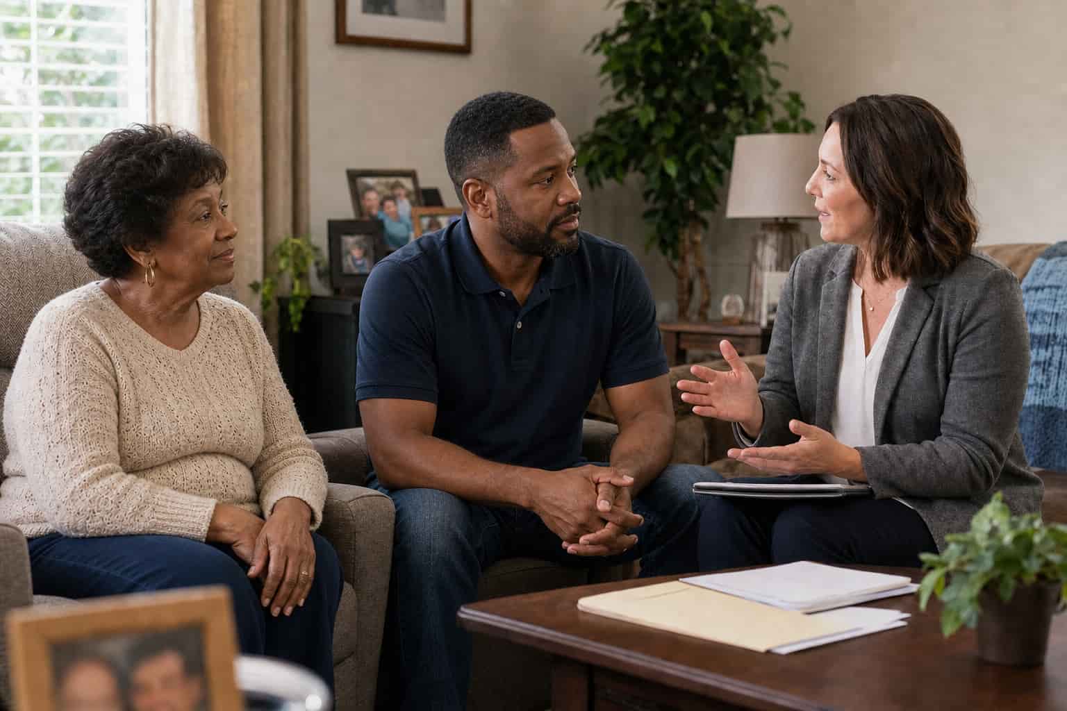 Family discussing Medicaid caregiving options with a home care professional Family discussing Medicaid caregiving options with a home care professional