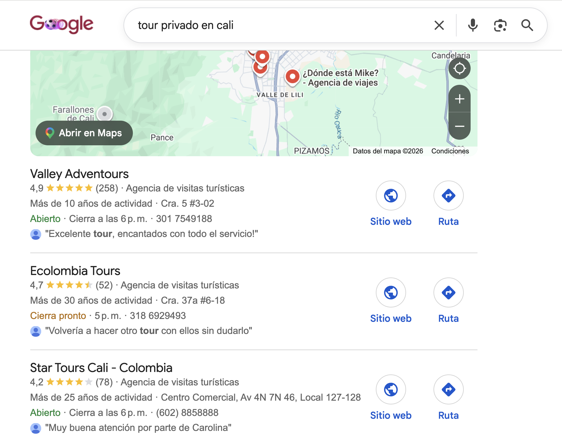 Perfil de Google de un negocio turístico optimizado con el sistema Clientes Express