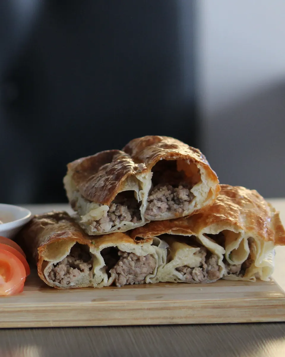 Beef, lamb and onion börek served with tomato on a wooden board