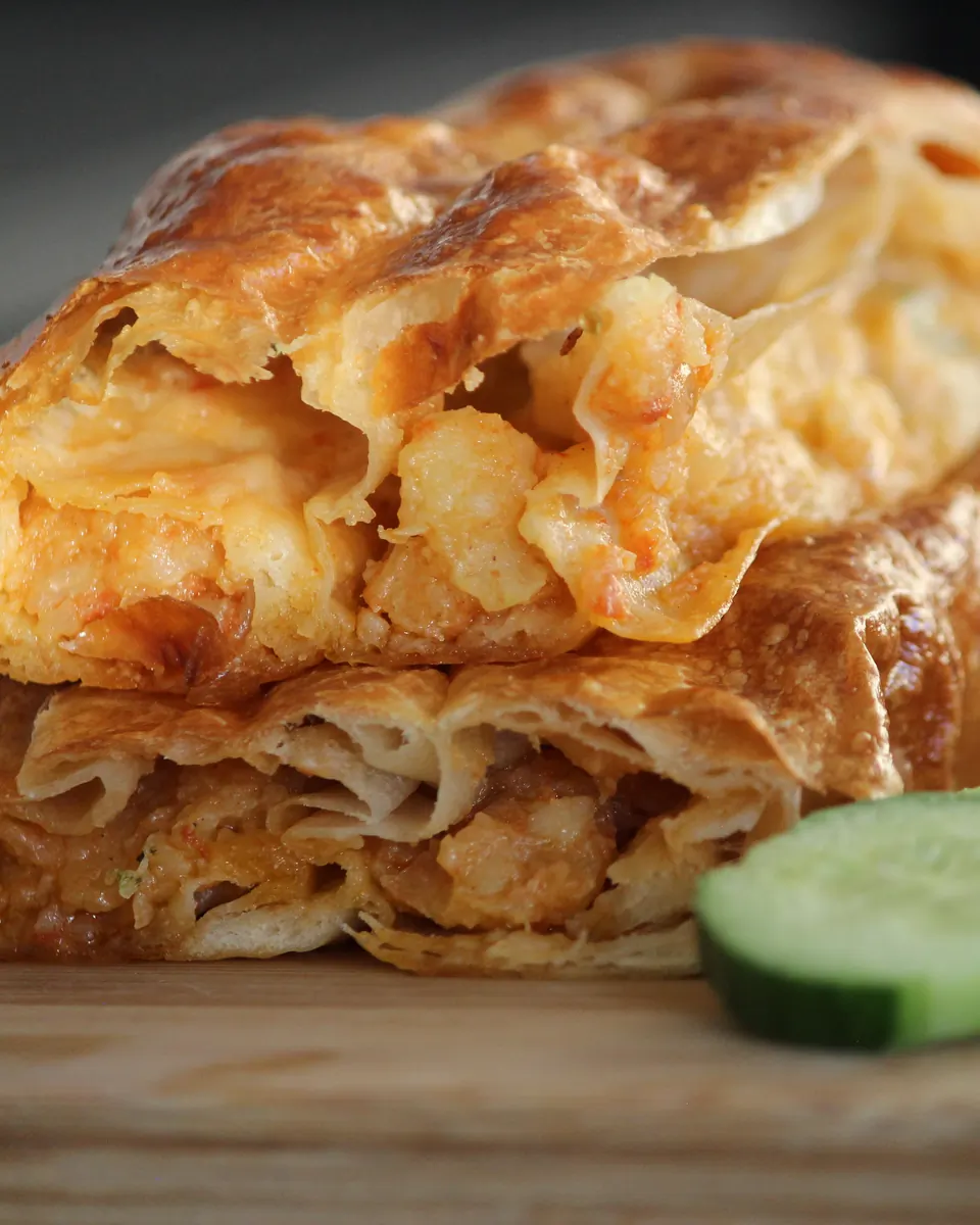 Close-up of flaky, golden potato börek layers
