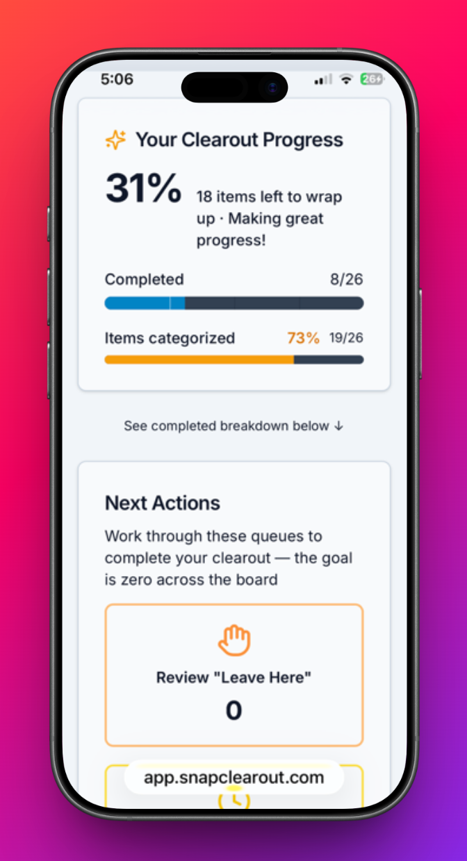 SnapClearout app dashboard