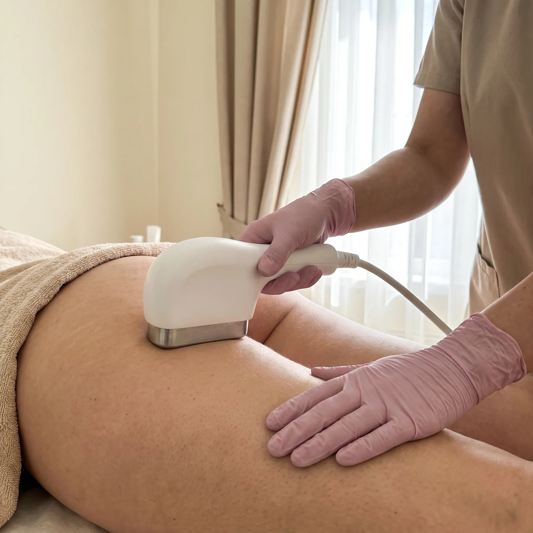 Cryoskin applicator resting on a folded spa towel, ready for a session