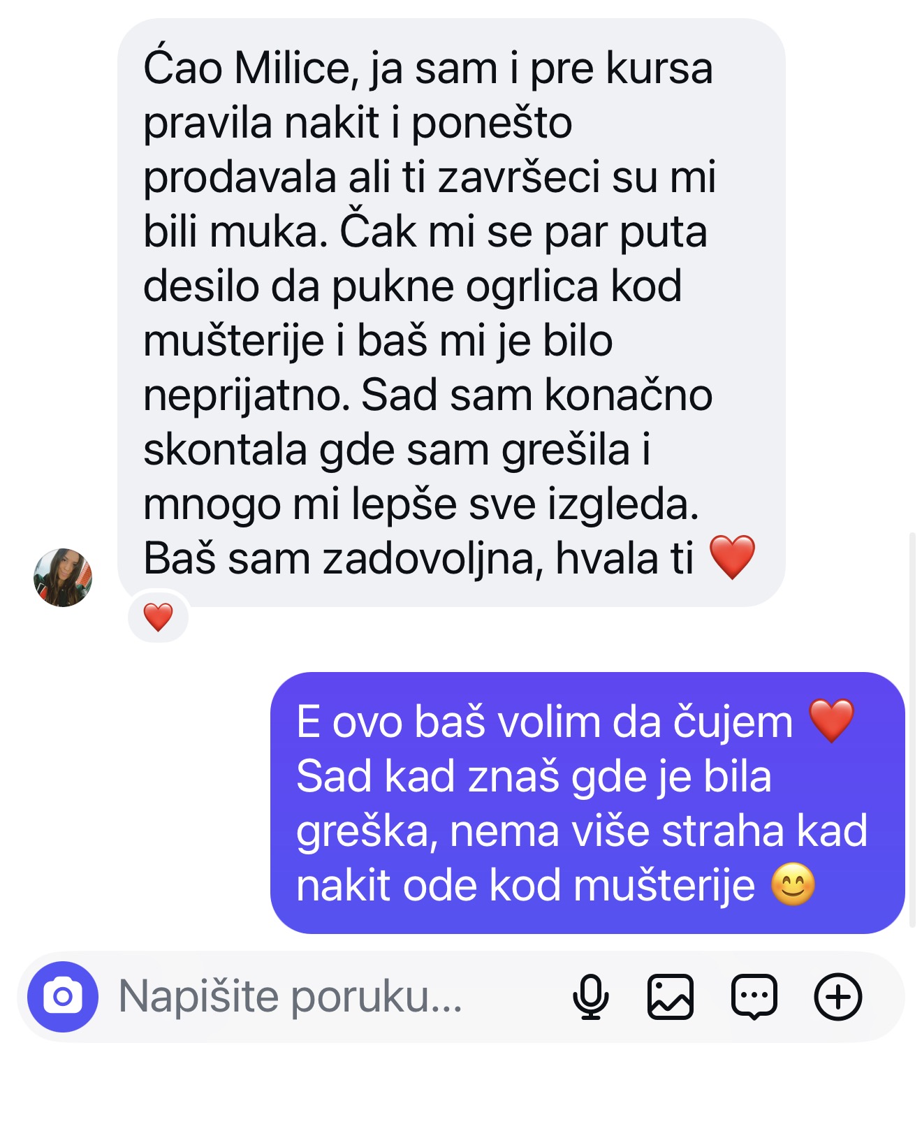 Utisak polaznice o napretku u izradi nakita