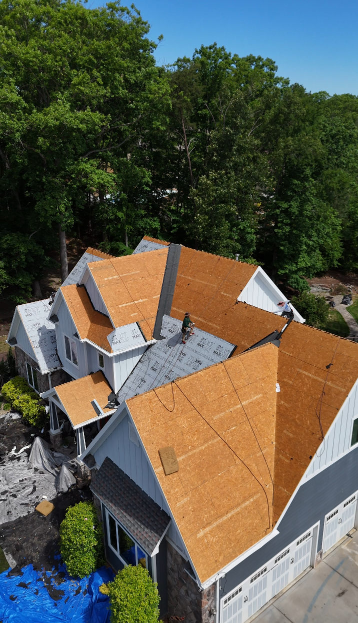 New roof decking installed, awaiting shingles