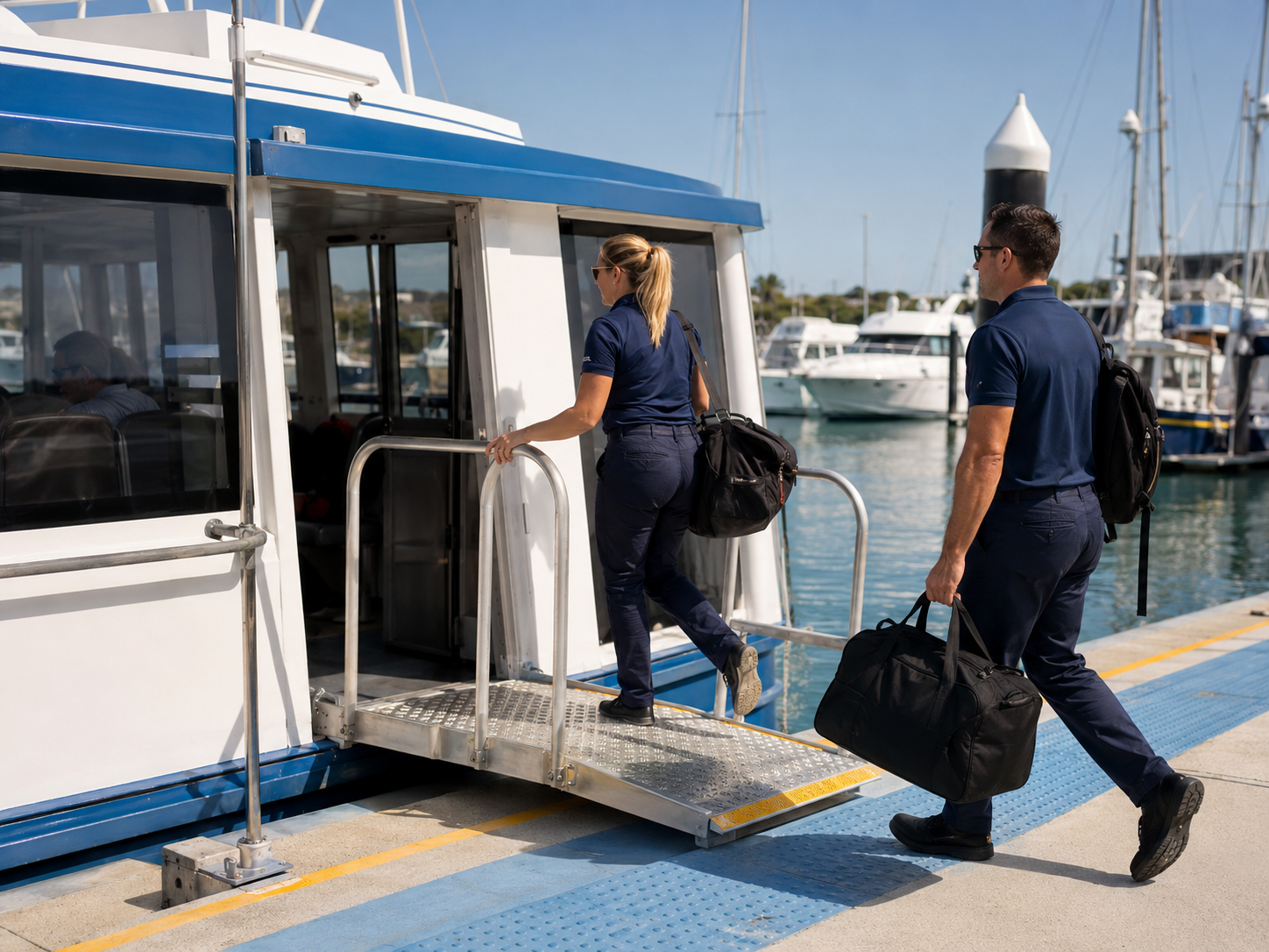 Marine workers boarding a ferry at a marina with bags