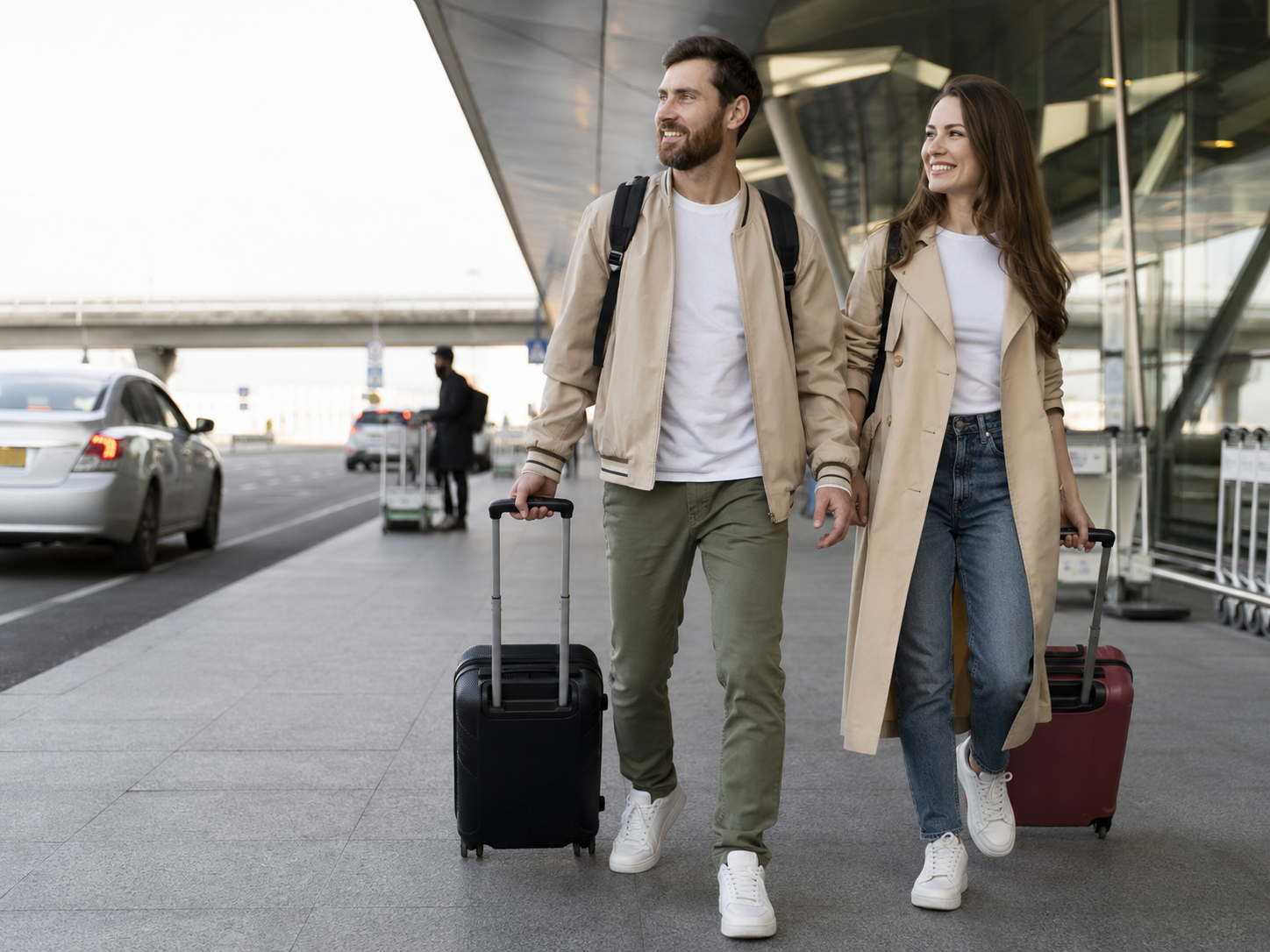 Couple wheeling luggage through an airport drop-off area