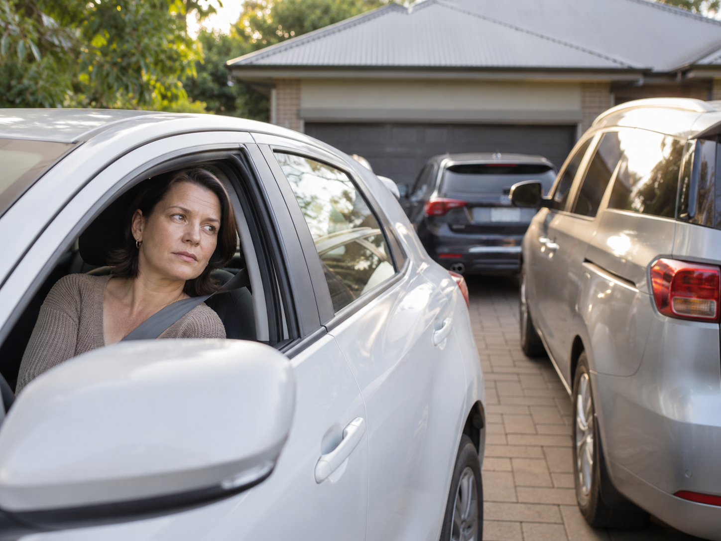 Local resident sitting in a car in a crowded driveway