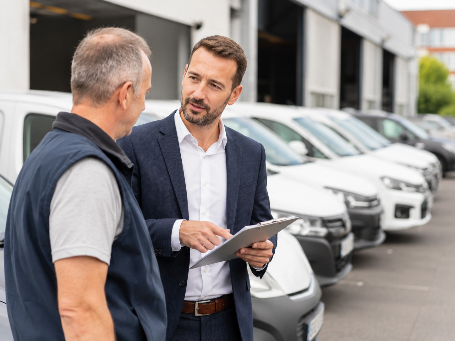 Business manager reviewing a fleet of parked company cars with a worker