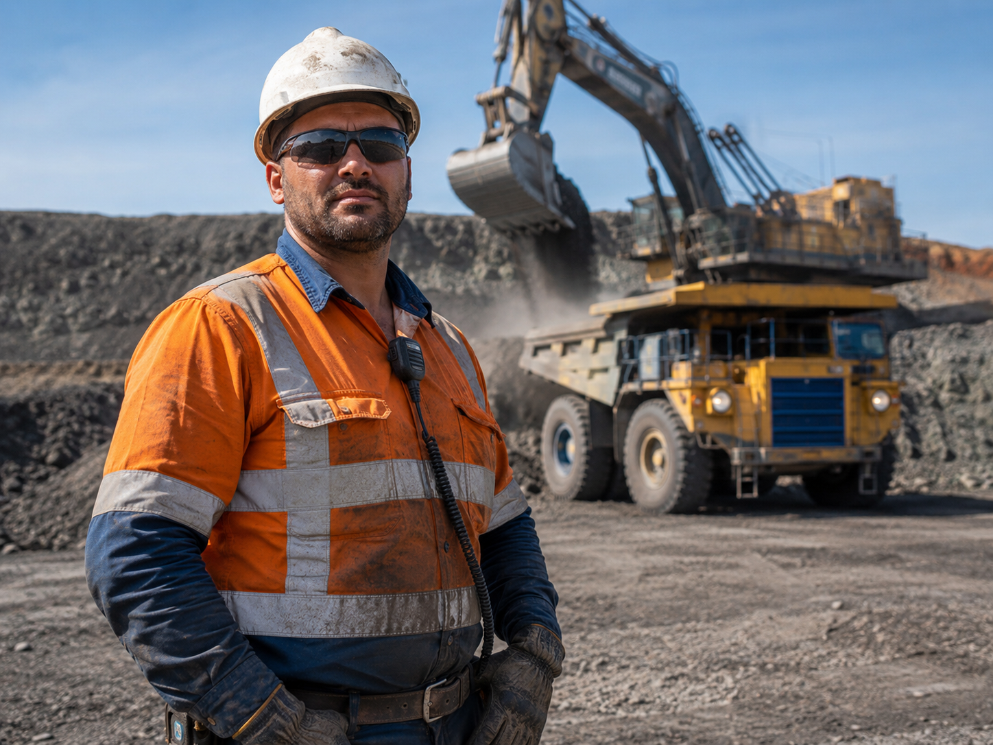 Industrial worker in protective gear at a mining worksite