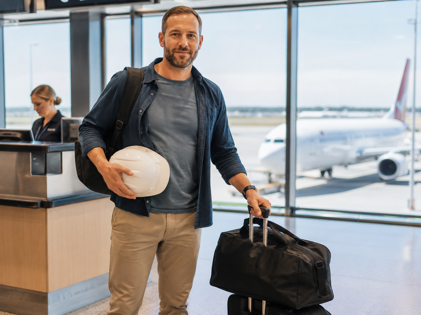 Industry worker with luggage at an airport check-in area