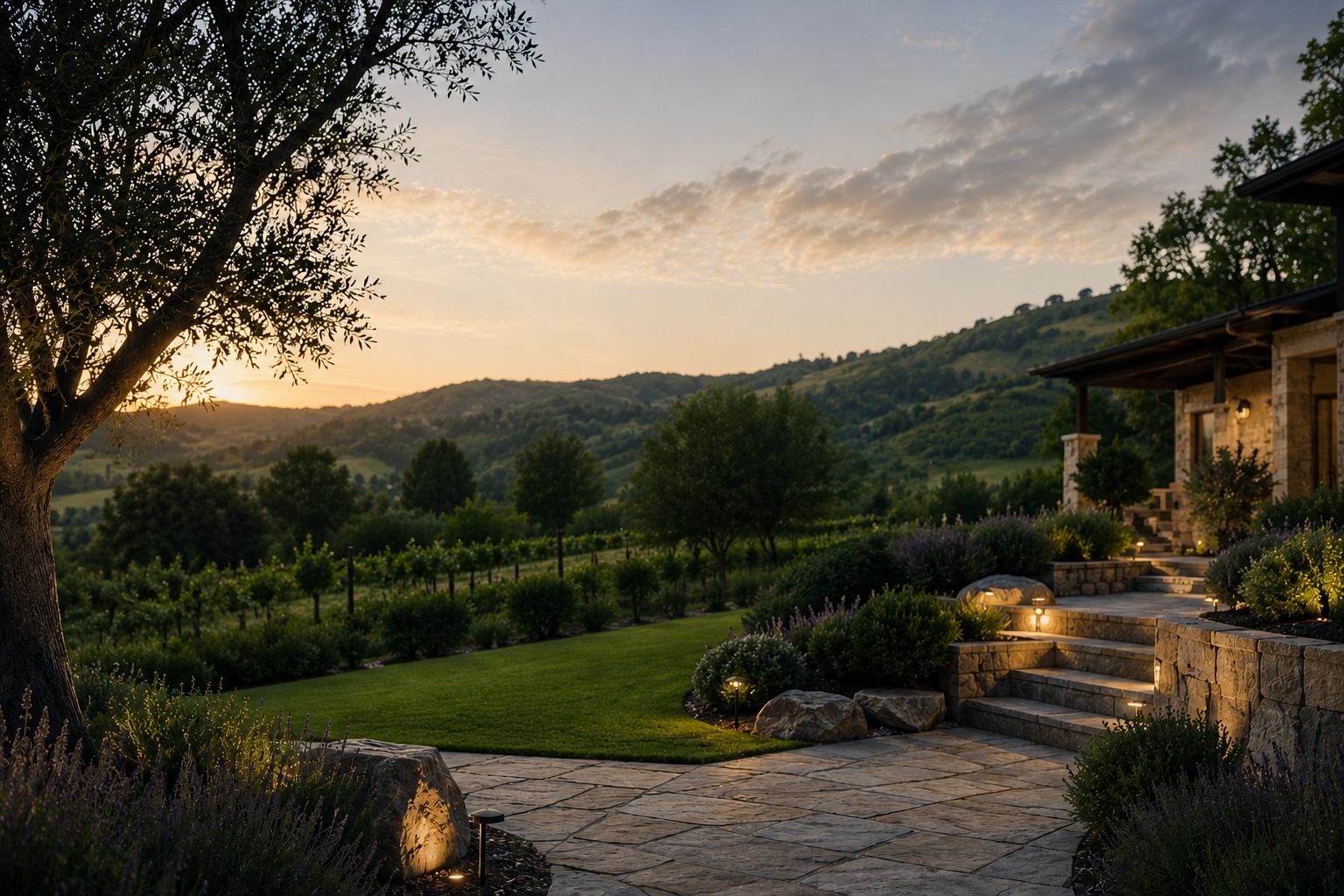 Landscaped wine country backyard with stone patio and greenery at RE Landscape Sonoma