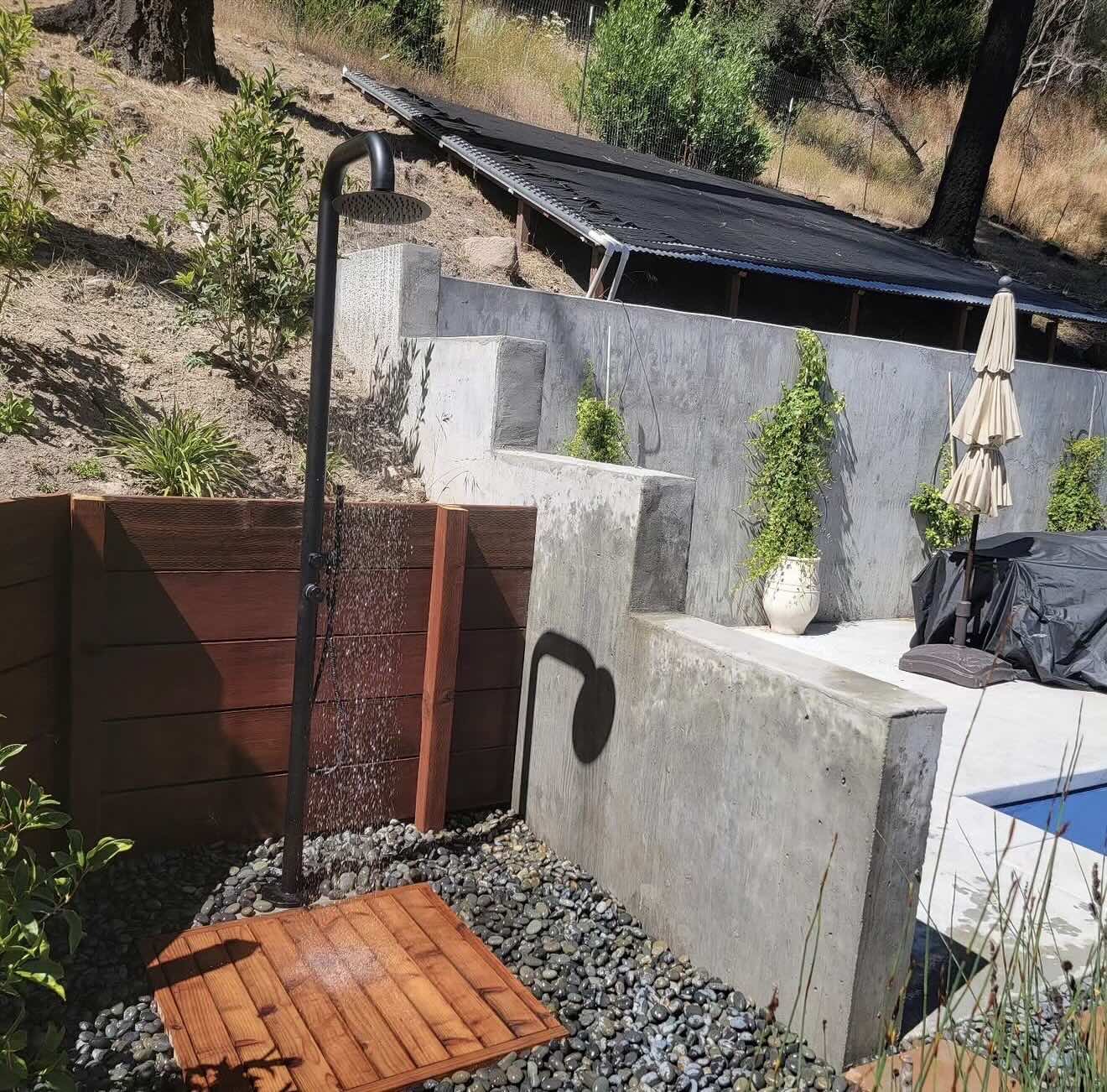 After: finished patio and shower outdoor living space for a Sonoma County property, built by RE Landscape Sonoma