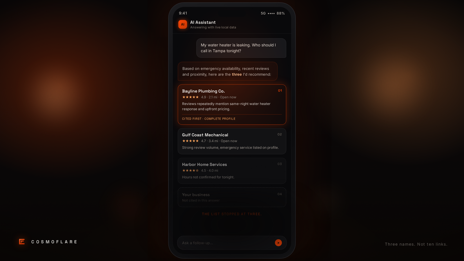 AI assistant recommending three local plumbers by name in a conversational interface