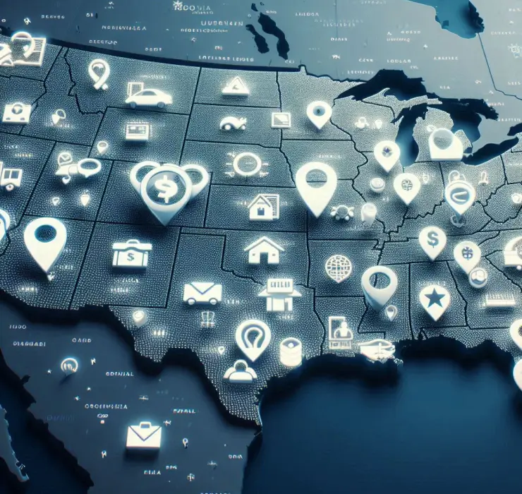 Map of the United States with various icons representing different industries and services, such as finance, healthcare, and transportation, marked across different states.