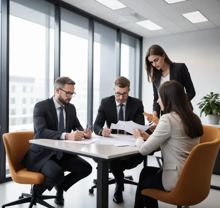 Four business professionals in a meeting room, sitting and standing around a table reviewing documents, with large windows and cityscape in the background.