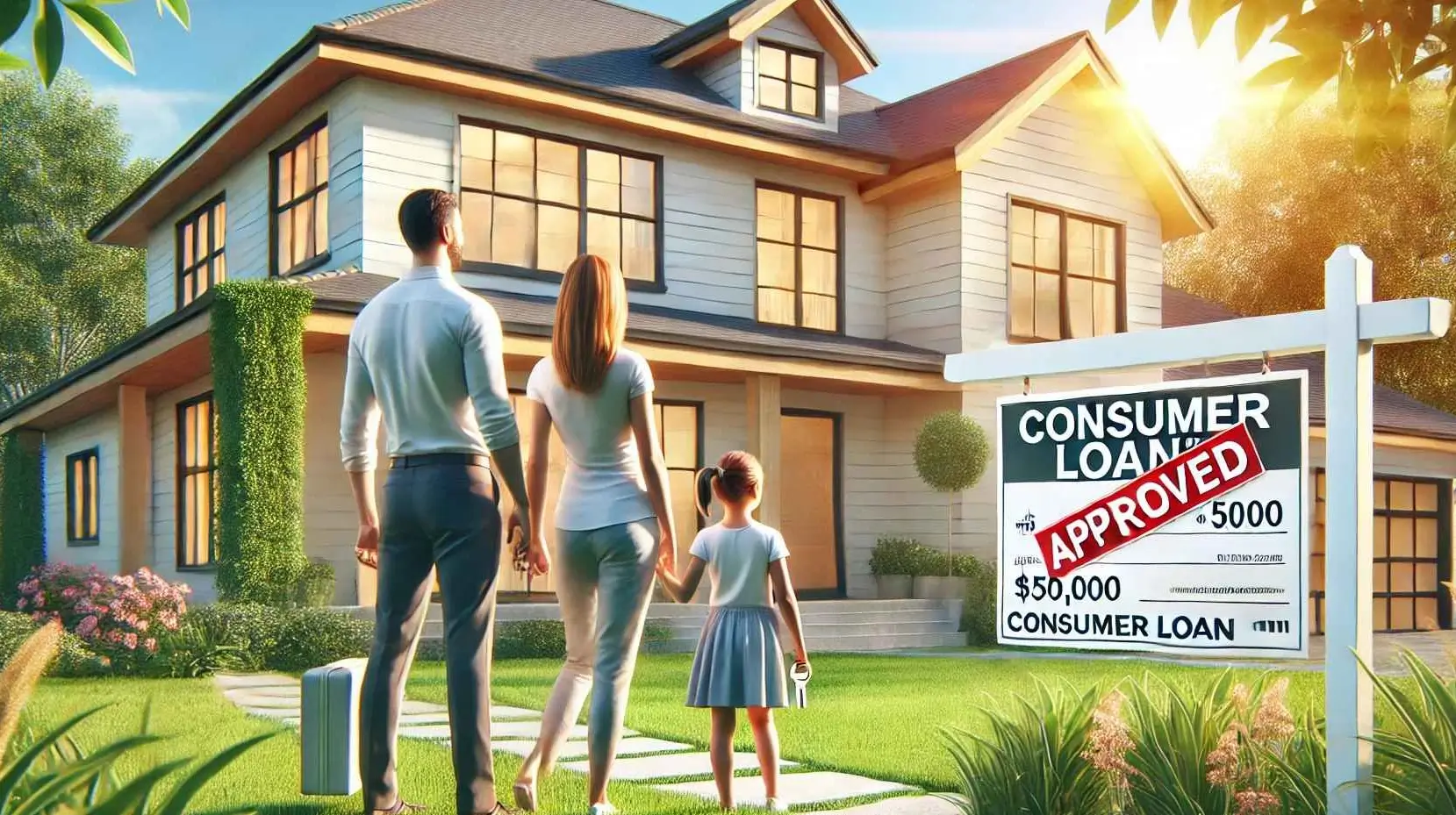 A family of three stands outside a two-story house surrounded by greenery. A sign reads "Consumer Loan $50,000" with "Additional Loan Approved" proudly stamped across.