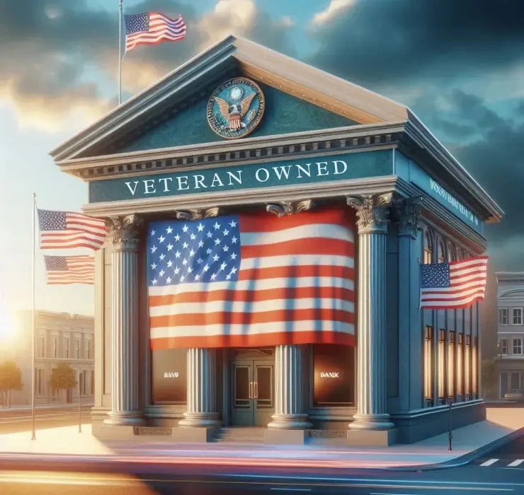 A bank building with columns, flying American flags, and a large banner reading "Veteran Owned." A city street is visible in the background.