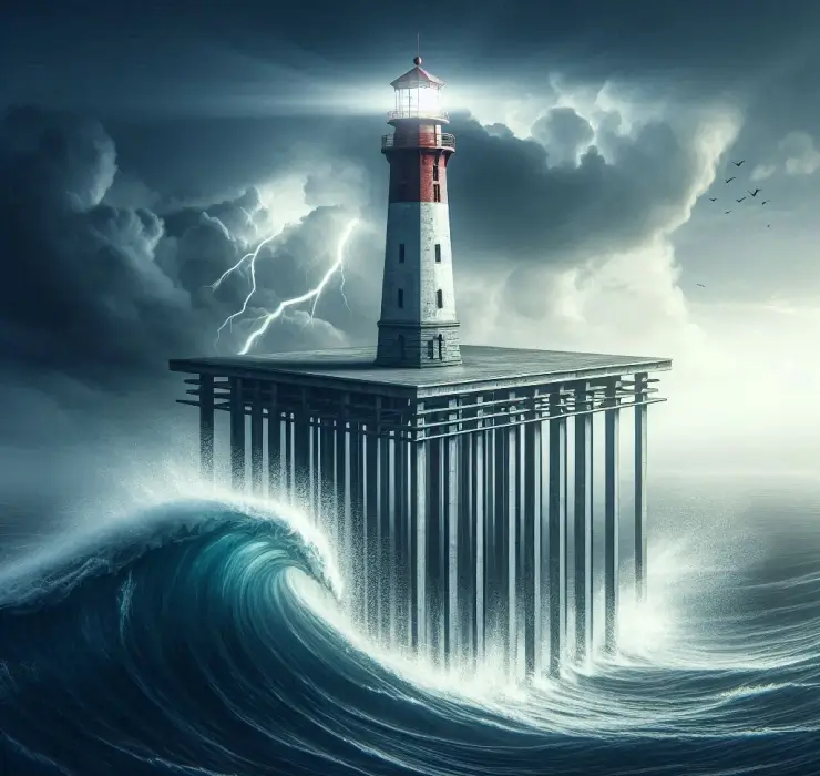 A lighthouse stands on a large square platform supported by numerous pillars over turbulent ocean waves, with lightning and storm clouds in the background.