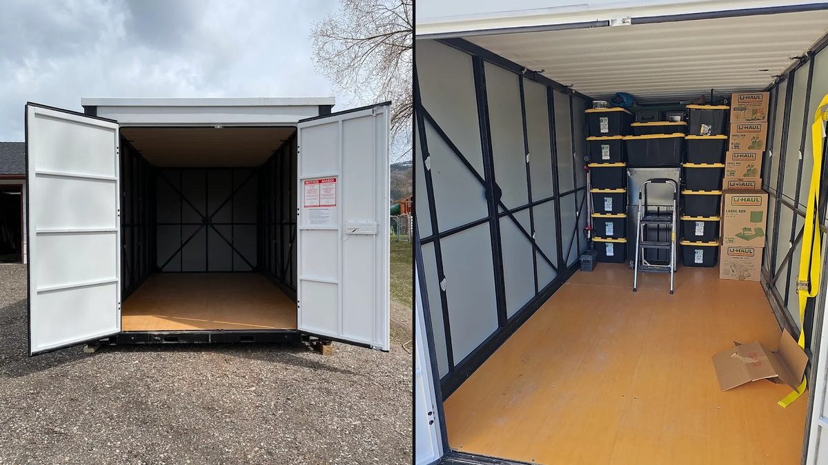 Portable storage container shown empty and loaded with boxes