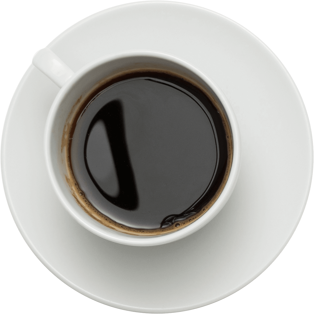 Top-down view of a white coffee cup with dark black coffee on a saucer, illustrating a simple and inviting moment.