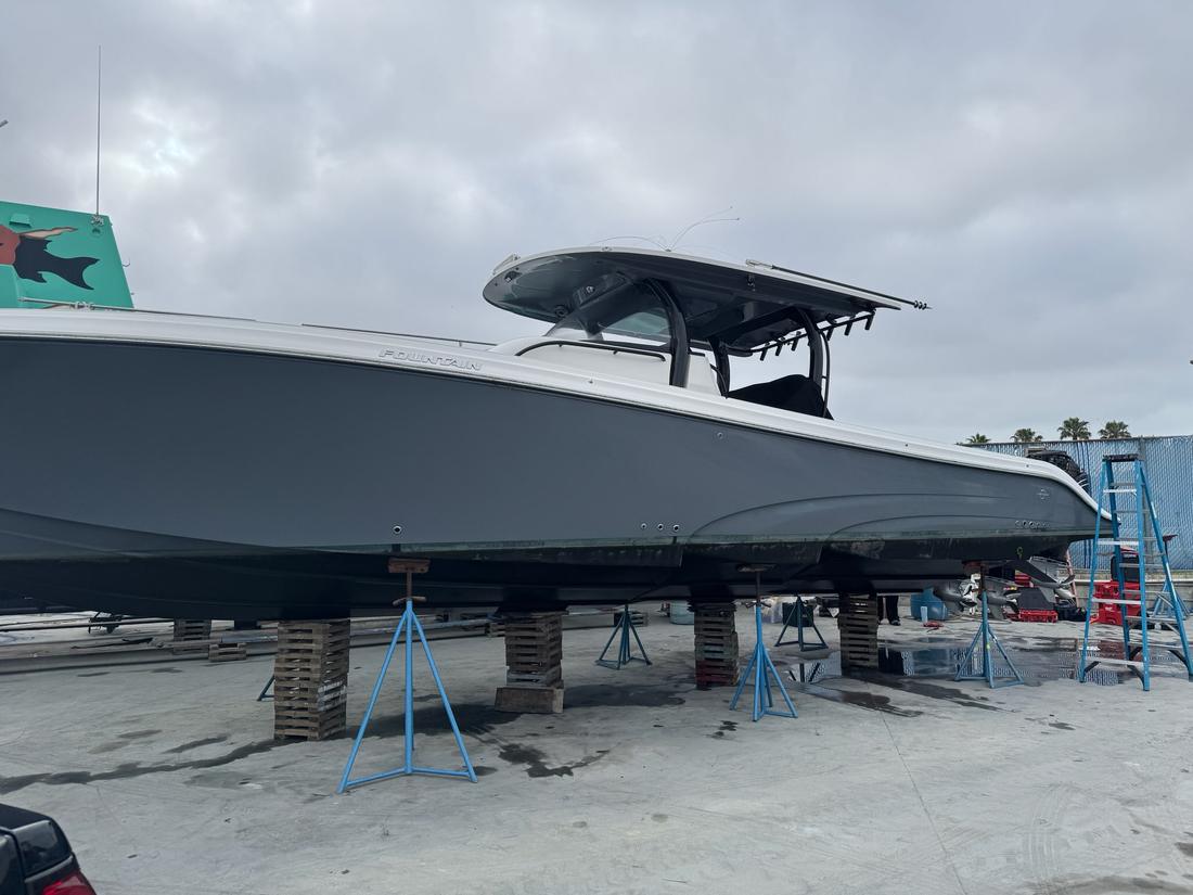 Center console boat hauled out for service
