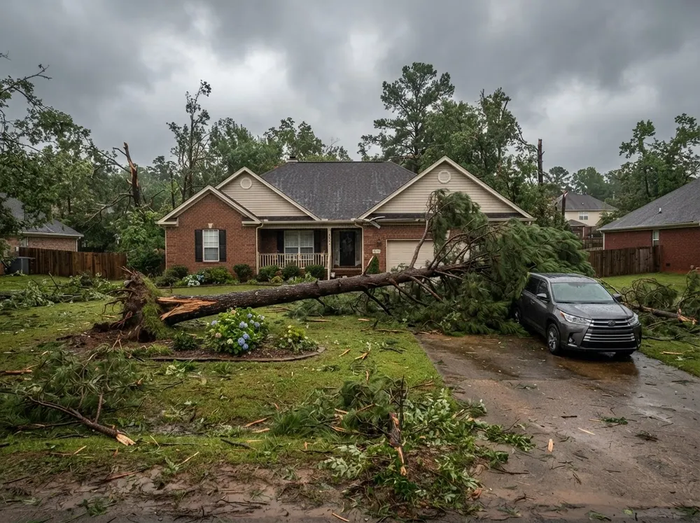 Illustrative example: storm-fallen pine cleared from a driveway