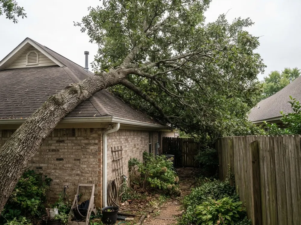 Illustrative example: large oak over a roof taken down in sections