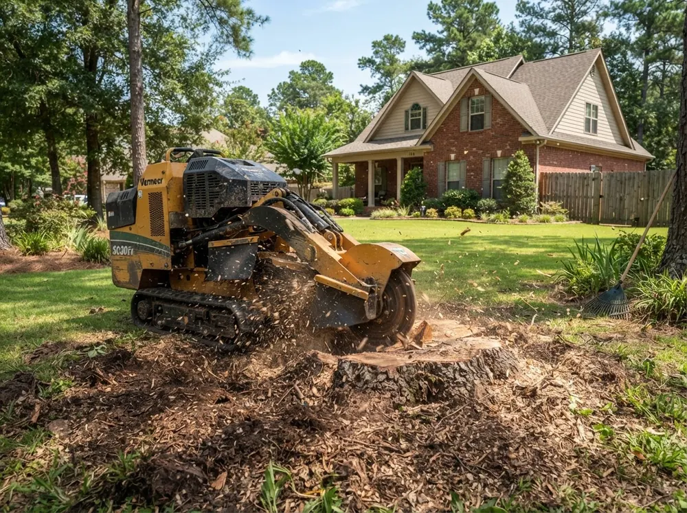 Illustrative example: stump grinder grinding a tree stump below ground level