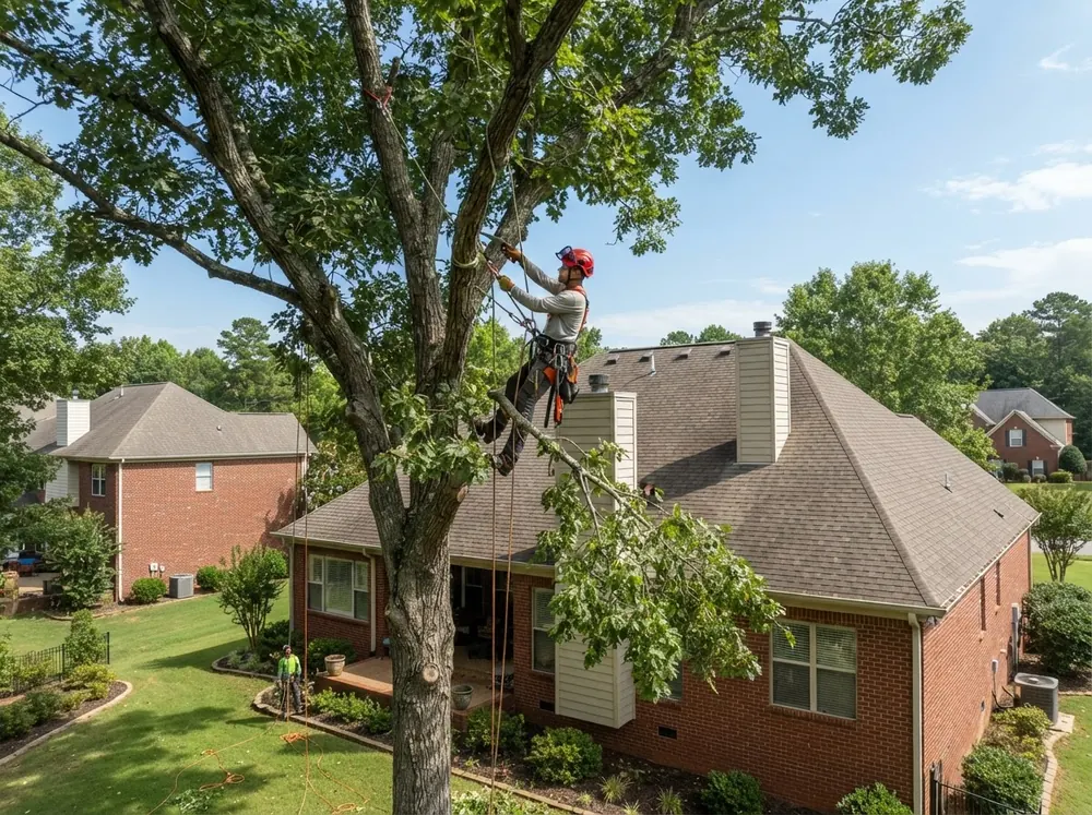 Illustrative example: arborist in helmet and harness pruning upper limbs over a roof