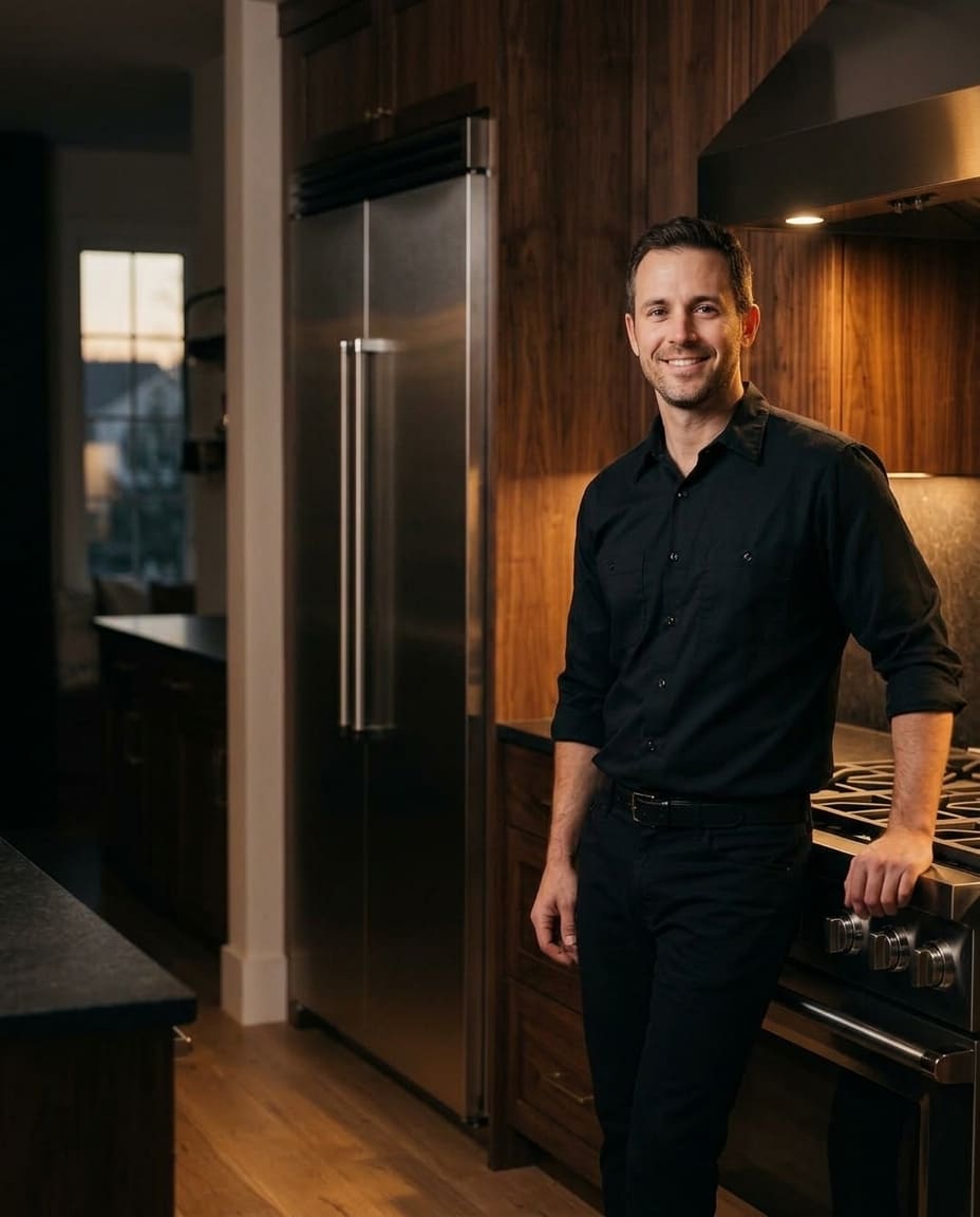 Viking appliance repair technician in a kitchen