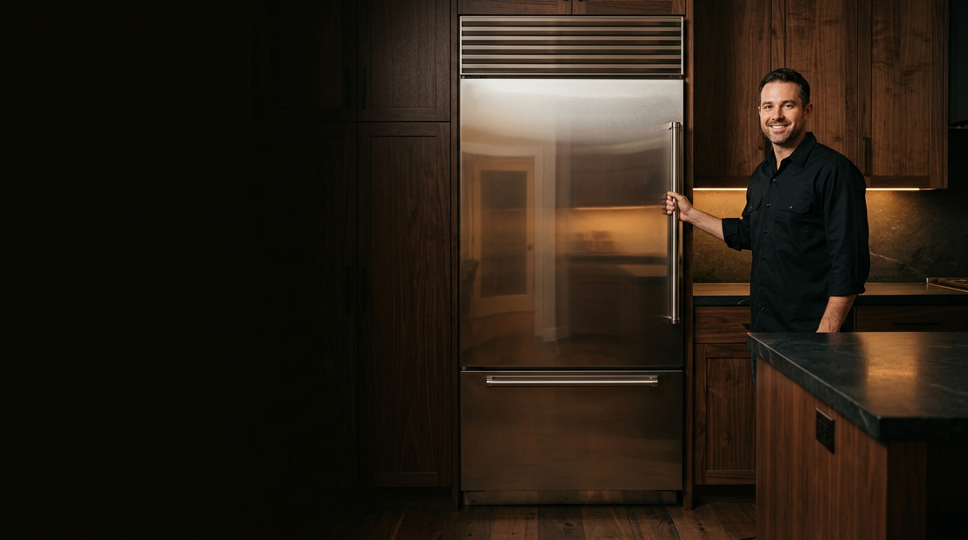 Technician beside a built-in side-by-side refrigerator