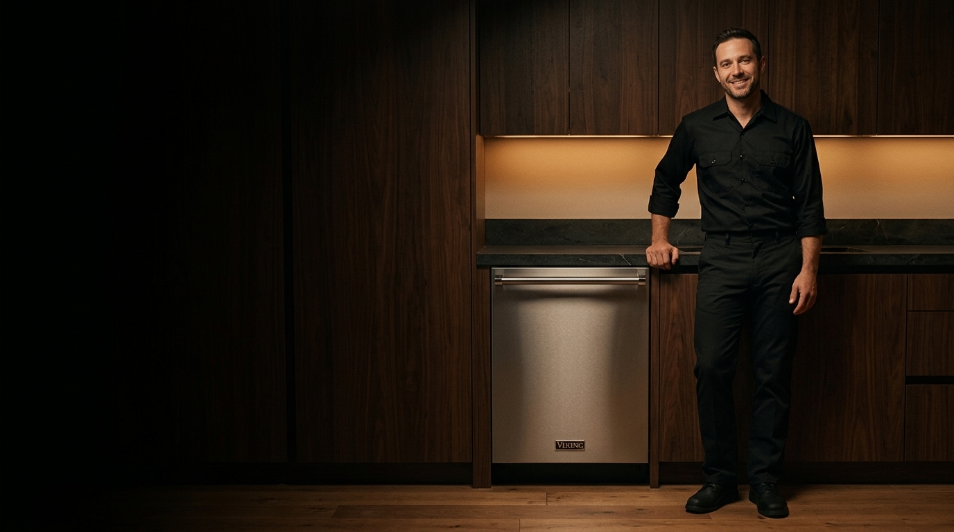 Technician beside a built-in side-by-side refrigerator