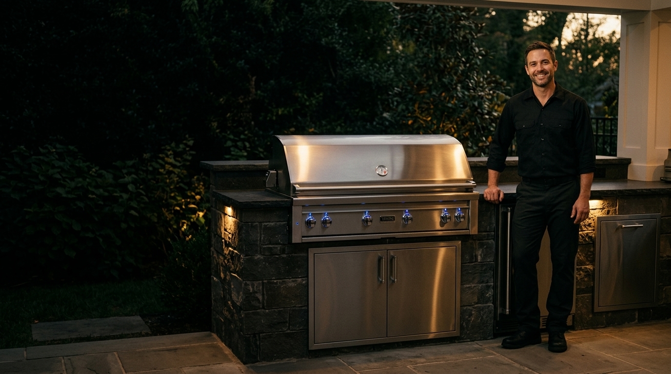 Technician beside a built-in side-by-side refrigerator