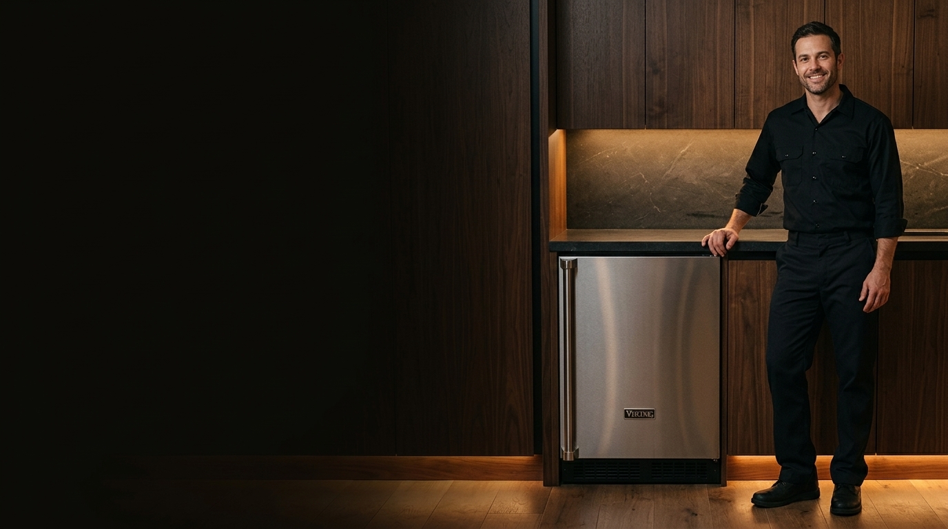 Technician beside a built-in side-by-side refrigerator