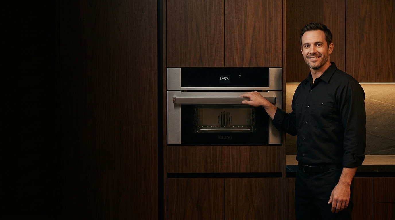 Technician beside a built-in side-by-side refrigerator