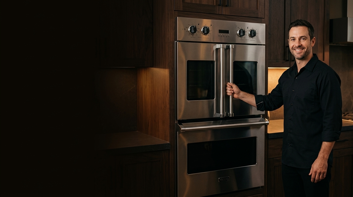Technician beside a built-in side-by-side refrigerator