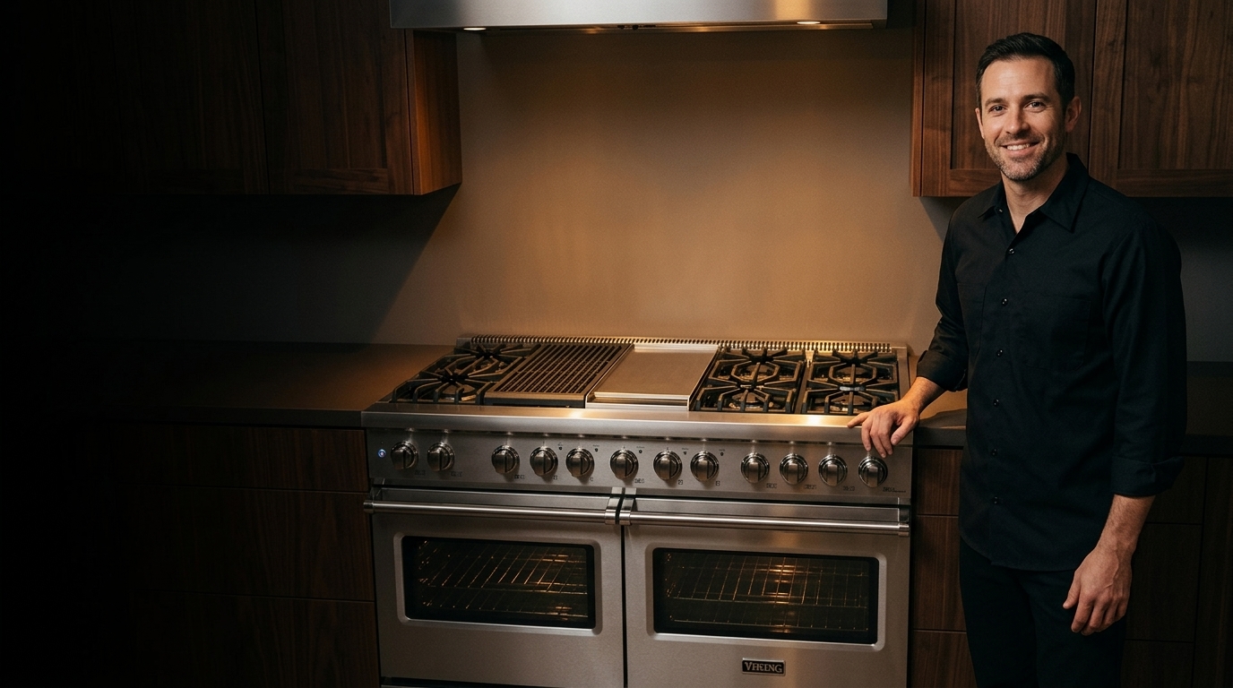 Technician beside a built-in side-by-side refrigerator