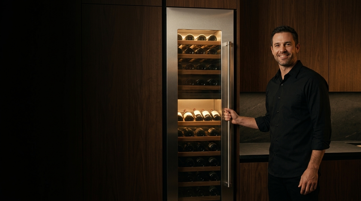 Technician beside a built-in side-by-side refrigerator