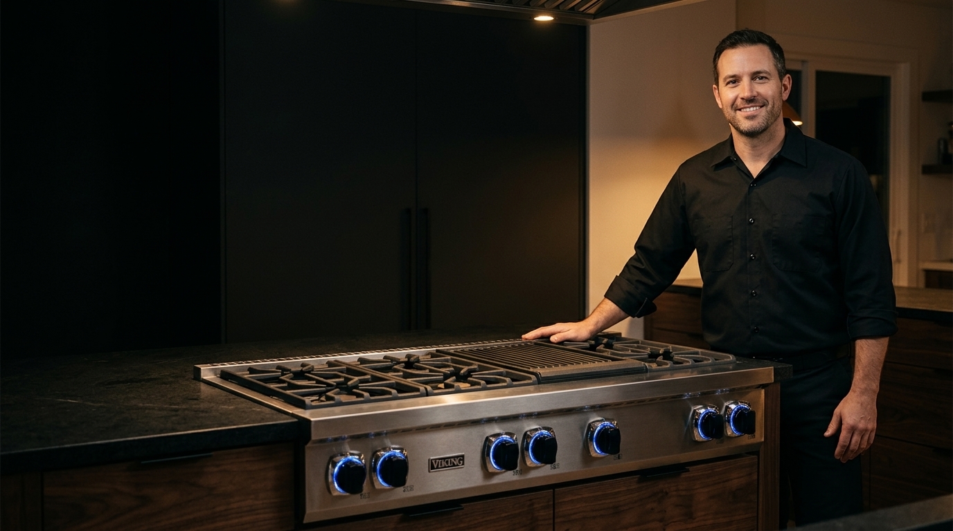 Technician beside a built-in side-by-side refrigerator