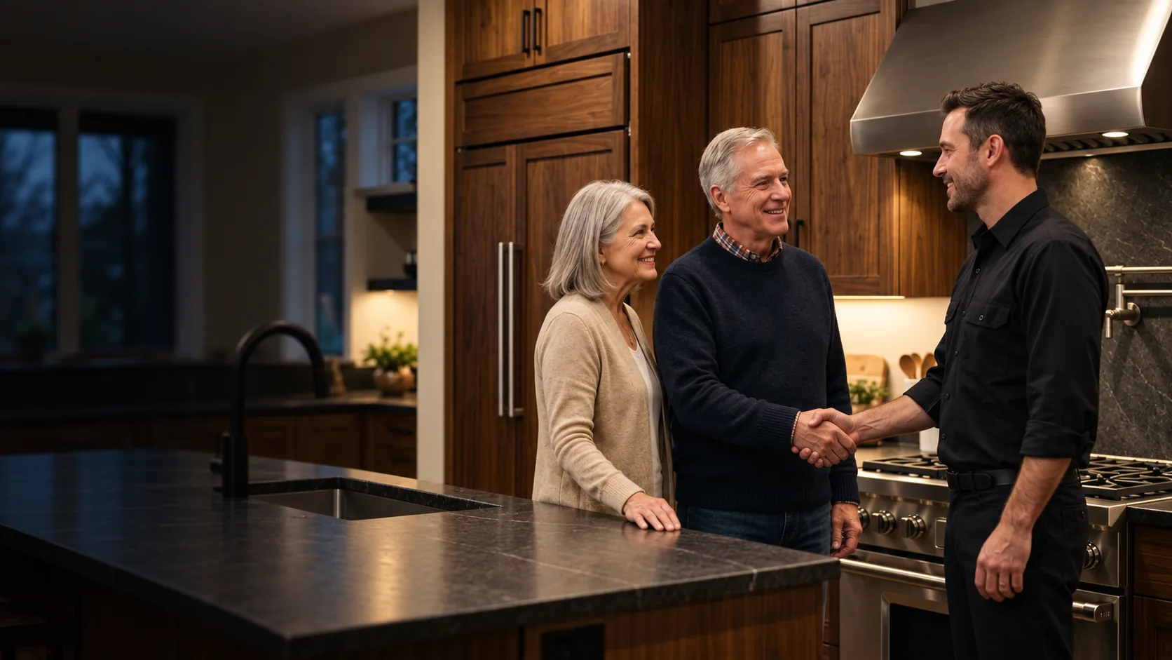 Technician greeting homeowners in their kitchen