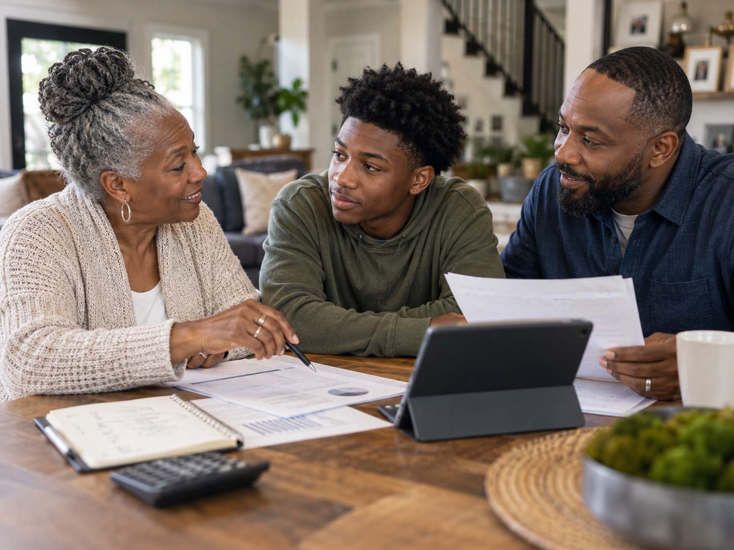 Intergenerational family discussing money and future goals