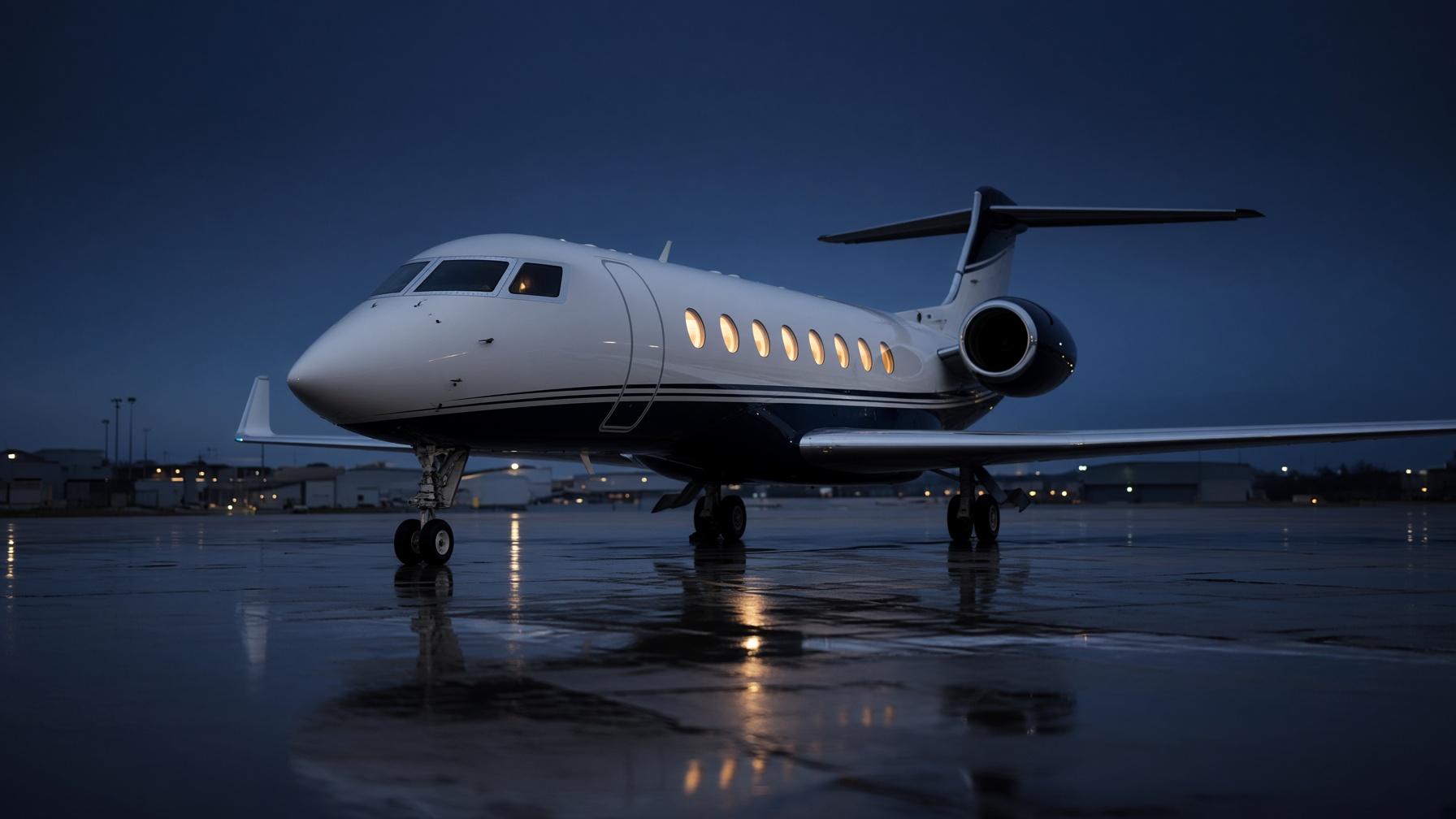 Business jet on a quiet ramp at dusk