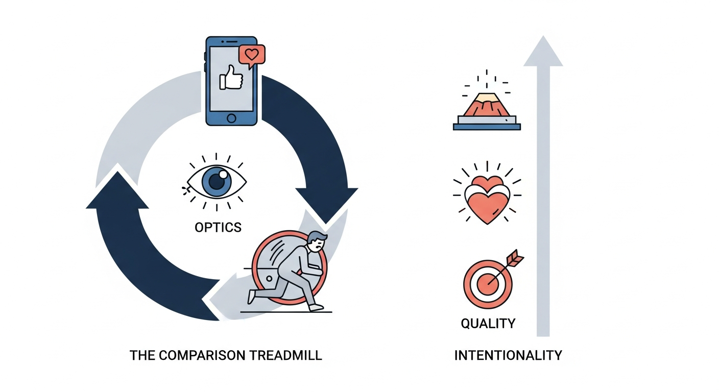 A conceptual diagram contrasting the circular, exhausting loop of the comparison treadmill with the straight, focused path of intentionality.