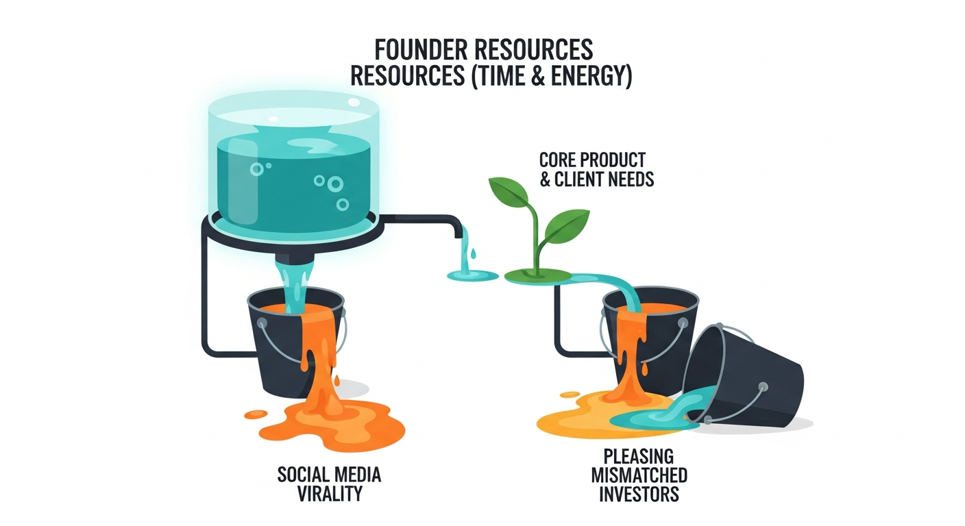 An infographic showing founder resources draining heavily into external validation buckets, leaving little for the core product.