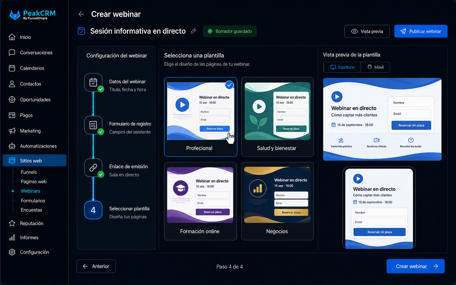 Creación de un webinar en directo o perpetuo en PeakCrm