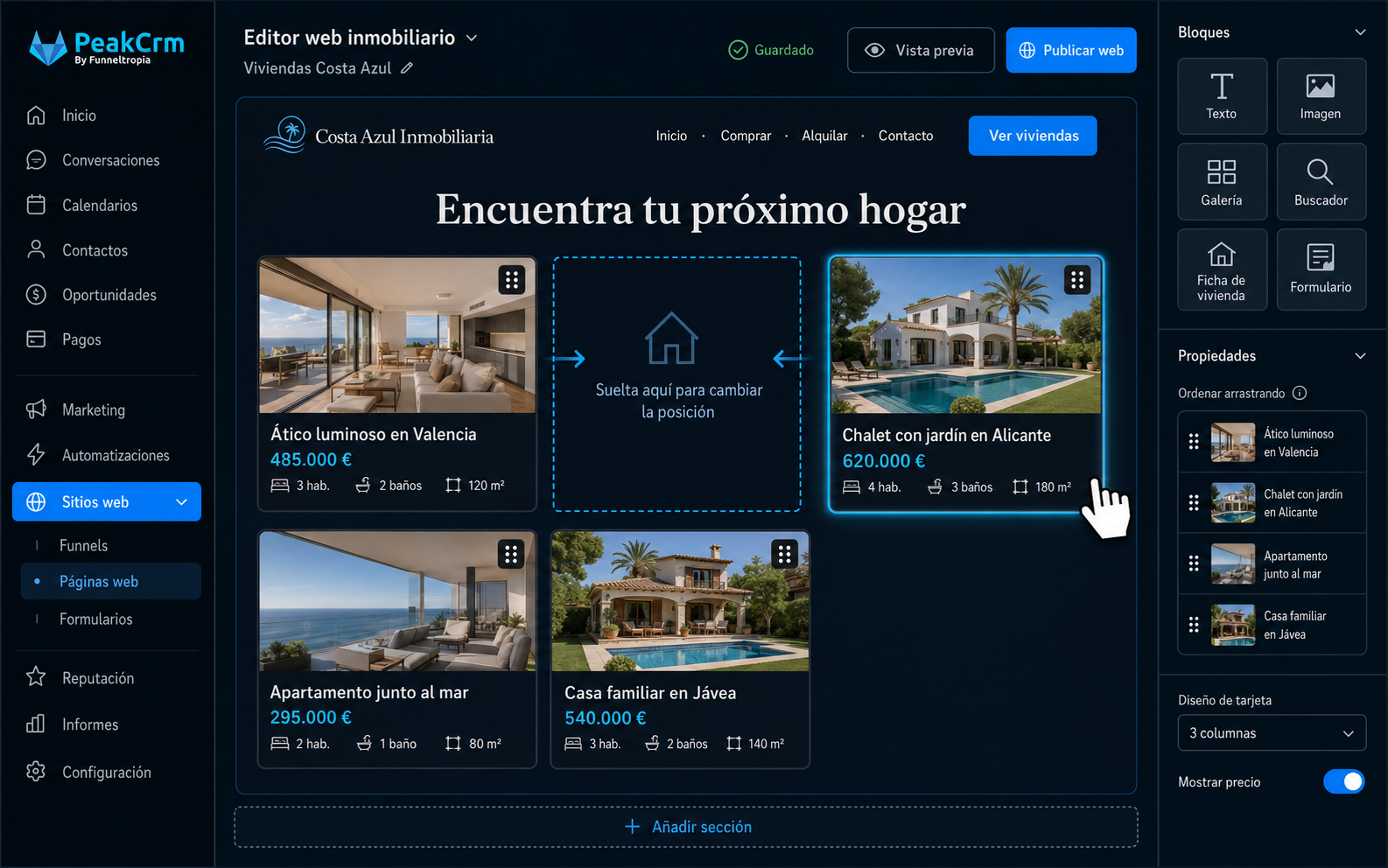 Web de una agencia inmobiliaria creada con PeakCrm, con su catálogo y sus formularios
